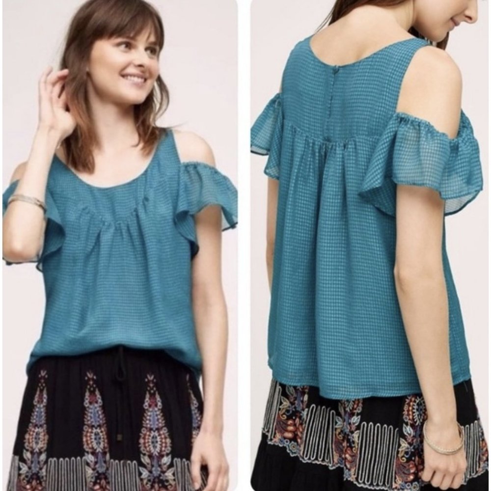 Anthropologie Maeve Tavin Teal Green Cold Shoulder Tank Blouse Top Size: 10